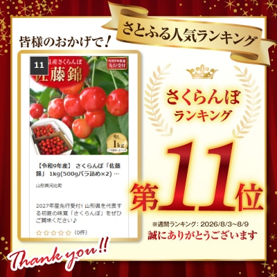 【令和9年産】 さくらんぼ「佐藤錦」 1kg(500gバラ詰め×2) 秀以上 Lサイズ 河北町産
