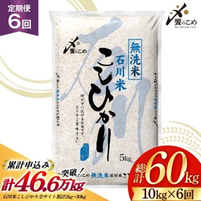 米 定期便 無洗米 石川米 こしひかり 10kg ( 5kg 2袋) 6回 [38601401]