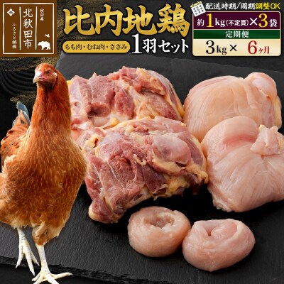 《定期便6ヶ月》比内地鶏1羽セット(約1kg×3袋)|jaat-021306