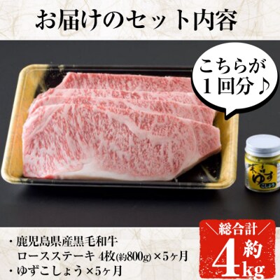 【毎月届くわくわく定期便】鹿児島県産黒毛和牛ステーキ合計5回