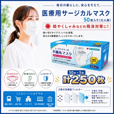 不織マスク50枚大人用(サージカルマスク)5個