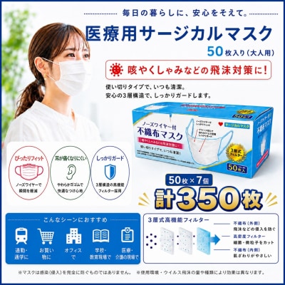 不織マスク50枚大人用(サージカルマスク)7個