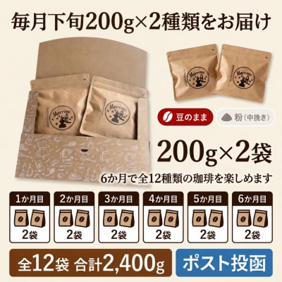 【6か月定期便】自家焙煎コーヒー豆200g×2種 毎月400g 全12種類[No5354-0718]