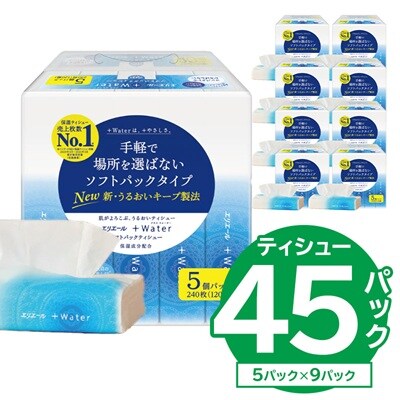 【ハーフサイズ】エリエール プラスウォーター ソフトパックティシュー120W5P×9P 防災 備蓄