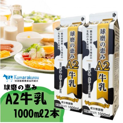 やさしい牛乳、球磨の恵みA2牛乳　1,000ml×2本セット