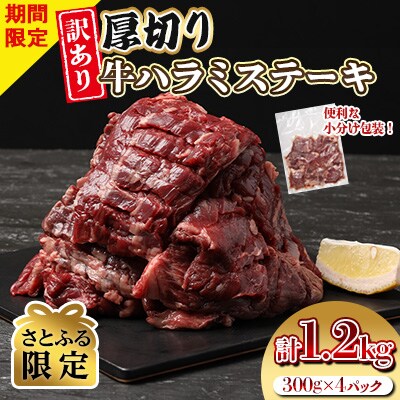 【さとふる限定】【期間限定・訳あり】厚切り　牛ハラミステーキ　1.2kg(300g×4P)(水上村)