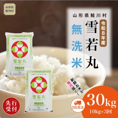 ＜8年産米先行受付＞令和8年11月上旬発送開始 雪若丸【無洗米】30kg(3回定期便)　鮭川村