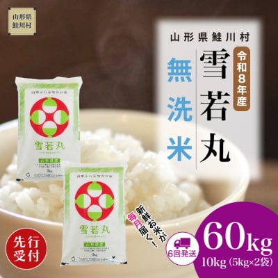 ＜8年産米先行受付＞令和8年12月上旬発送開始 雪若丸【無洗米】60kg(6回定期便)　鮭川村