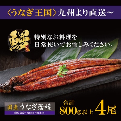国産うなぎ蒲焼特大4尾(計800g以上)鰻蒲焼用タレ・山椒付
