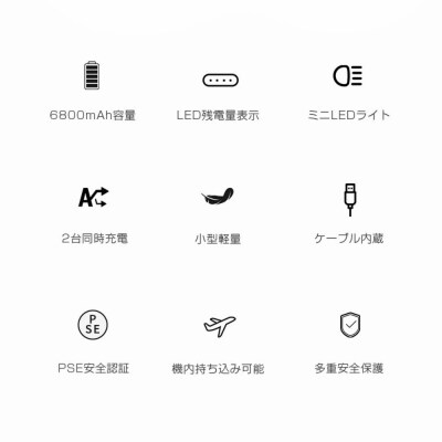 【ホワイト】モバイルバッテリー 6800mAh iPhone/Type-Cケーブル内蔵