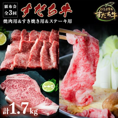 頒布会 3回お届け すだち牛  焼肉用600g & すき焼き用600g & ステーキ用500g
