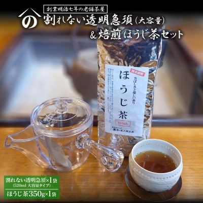K2620 【創業明治七年 老舗茶屋謹製】 割れない 透明 大急須 & 焙煎ほうじ茶 セット