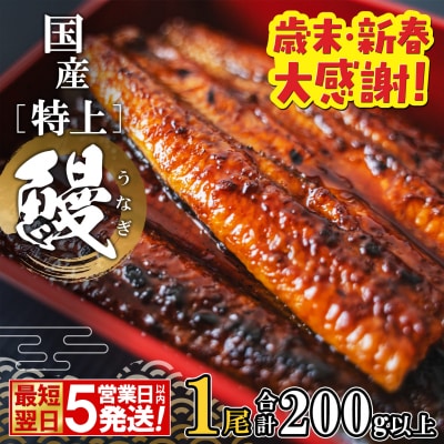 【最短翌日発送】 国産 特上うなぎ 蒲焼き 1尾 200g以上 簡易袋 タレ 山椒付き