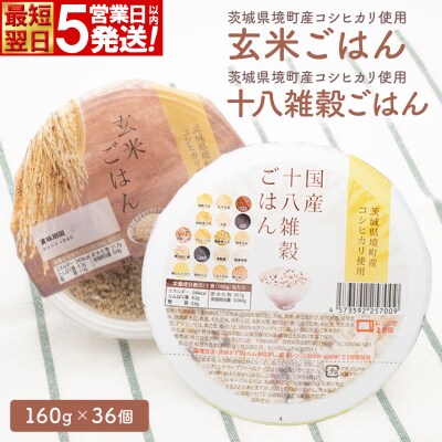【最短翌日発送】茨城県境町産米使用 パックごはん 玄米・十八雑穀 各160g×18個 計36個 健康