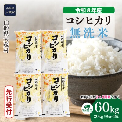 ＜8年産米先行受付＞令和8年11月上旬発送 こしひかり【無洗米】60kg定期便(3回定期便)大蔵村