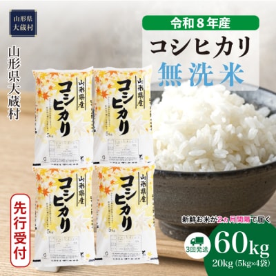 ＜8年産米先行受付＞令和9年1月下旬発送 こしひかり【無洗米】60kg定期便(3回定期便)大蔵村