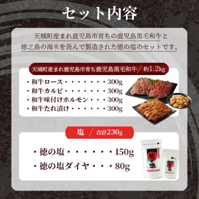 鹿児島黒毛和牛 焼肉セット 計約1.2kg 徳の塩・ダイヤセット 計約230g 総計約1.43