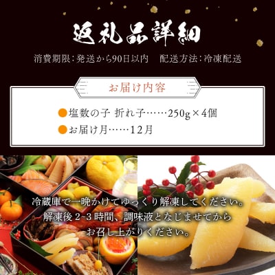 【訳あり】塩数の子 折れ子 250g×4 【2026年12月発送】