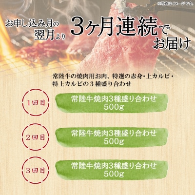 【定期便/3か月連続お届け】 常陸牛特選焼肉3種盛 赤身・上カルビ・特上カルビ (500g×3回) 