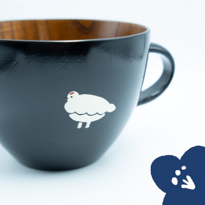 【黒】「らいちょう」漆絵入り 木製スープマグ