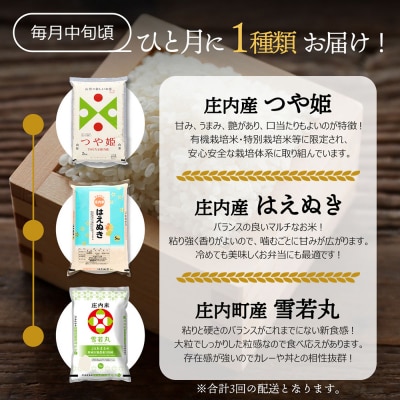 【定期便】<令和8年産>雪若丸 つや姫 はえぬき 5kg×3ヶ月 食べ比べ【11月中旬発送】