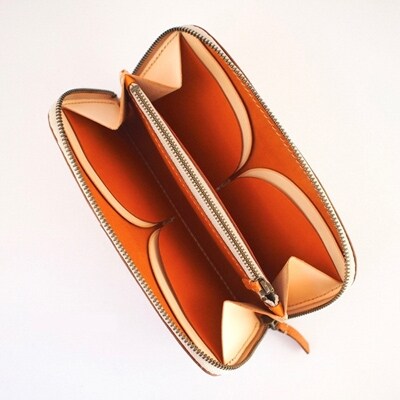 【本革】ラウンドファスナー長財布/キャメル×チョコ/ハンドメイド
