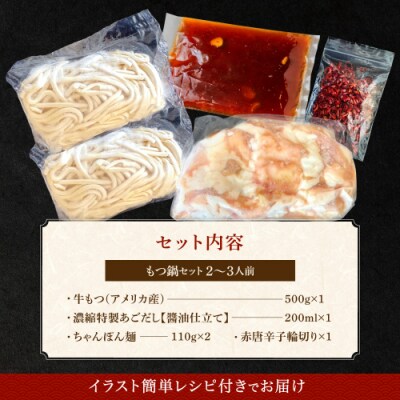 魚住商店あごだし【醤油仕立て】もつ鍋セット2～3人前、もつ増量500g【もつ鍋・醤油味】.AA503