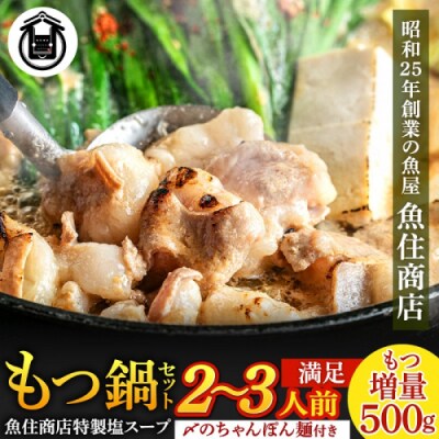 魚住商店特製塩もつ鍋セット2～3人前・〆のチャンポン麺付き【満足もつ増量500g】.AA527