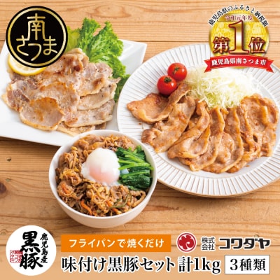 【鹿児島県産】味付け黒豚セット 3種類 計1kg(ネギ塩、生姜焼き、ビビンバ)おかず 惣菜 豚肉