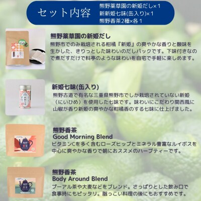 新姫各種お楽しみセット(ハーブティー2種、だしパック、新姫七味缶)