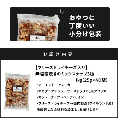 フリーズドライチーズ入り 無塩素焼きのミックスナッツ3種1kg(25g×40袋)　H059-197