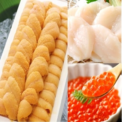 エゾバフンウニ1折、いくら醤油漬け(鱒卵)1P、ホタテ500g[11月下旬以降発送] E-53002