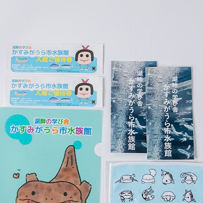 かすみがうら市水族館優待券とオリジナルハンカチ&クリアファイル