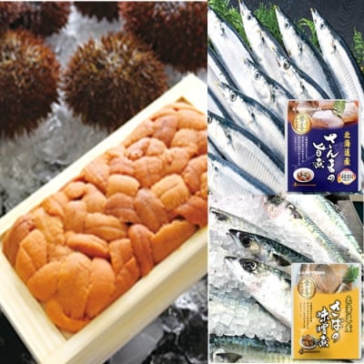 エゾバフンウニ約90～100g(赤系)・さんま旨煮・さば味噌煮[10月下旬以降発送] A-71055
