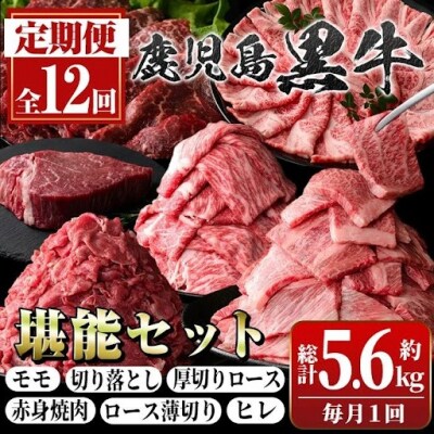 ＜定期便・全12回(連続)＞鹿児島黒牛定期便・堪能セット(全6種・合計5.6kg)　G01004 