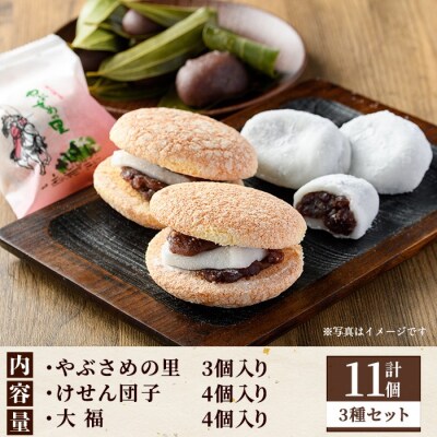 郷里の銘菓セット(合計11個・やぶさめの里3個・けせん団子4個・大福4個)P45001