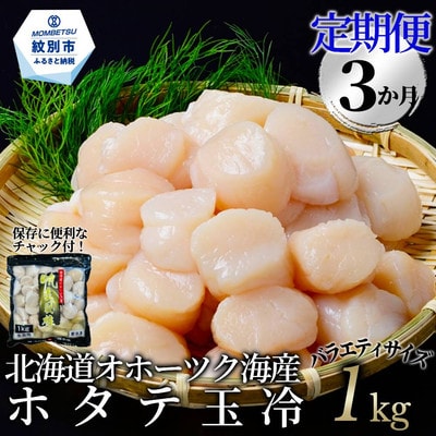 【定期便3か月】北海道オホーツク海産ホタテ玉冷大(1kg)×3回