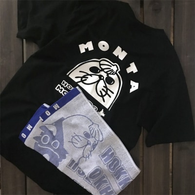 ゆるキャラ紋太グッズ(Tシャツ[ブラックXL]、タオル[ブルー])