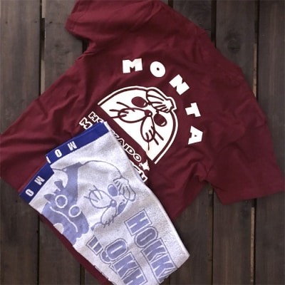 ゆるキャラ紋太グッズ(Tシャツ[バーガンディーM]、タオル[ブルー])