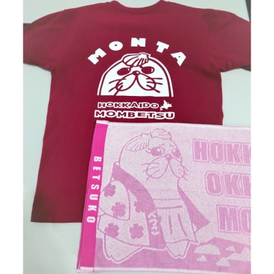 ゆるキャラ紋太・べつこグッズ(Tシャツ[バーガンディーM]、タオル[ピンク])