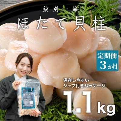 【定期便3か月】紋別一等～冷凍帆立貝柱1.1kg×1パック×3回★