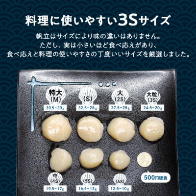 【定期便3か月】紋別一等～冷凍帆立貝柱1.1kg×1パック×3回