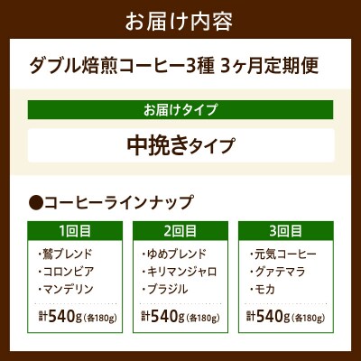 中挽きタイプ 3ヶ月 定期便 ダブル焙煎 コーヒー おうち セット 180g × 3種 × 3回