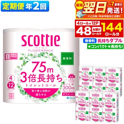 《2回定期便》トイレットペーパー 3倍長持ち 48個 ダブル|15_nsc-101202db