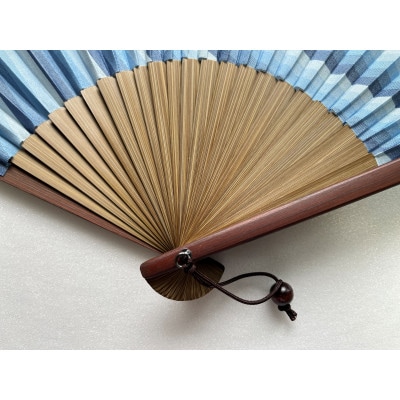牛首紬　扇子セット(親彫木玉付):青