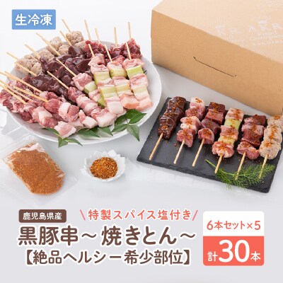 鹿児島県産黒豚串～焼きとん～【ヘルシー希少部位6本セット計30本(生冷凍)】 特製スパイス塩付き