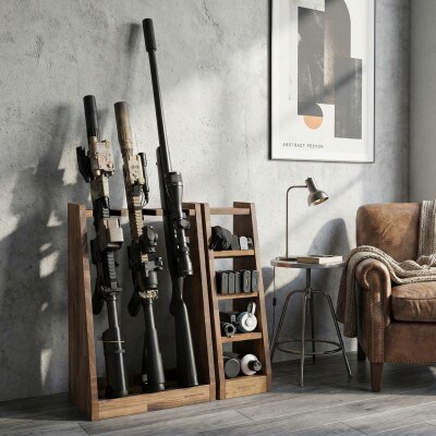 WOOD WORKS  ライフルスタンド 3丁掛+マガジンラックセット【本体:ブラウン】
