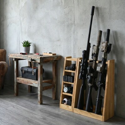 WOOD WORKS ライフルスタンド 3丁掛+マガジンラックセット【本体:ライトブラウン】