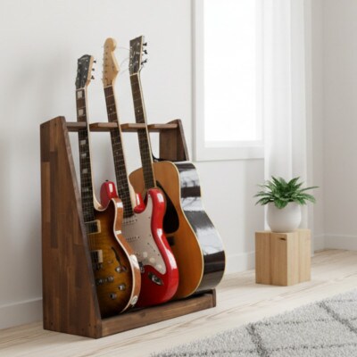 WOOD WORKS ギタースタンド エレキギター・ベース用3本掛【本体:ブラウン】