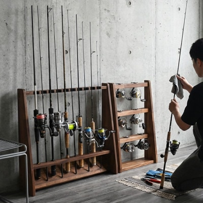 ロッドスタンド10本掛け+リールスタンド片面Mサイズ 【本体:ブラウン　フェルト:ブラック】